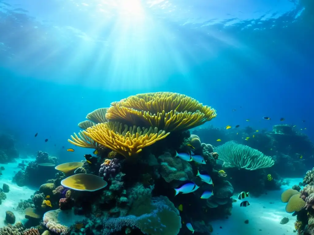 Un arrecife de coral vibrante y lleno de vida, con peces coloridos y un juego de luces y sombras