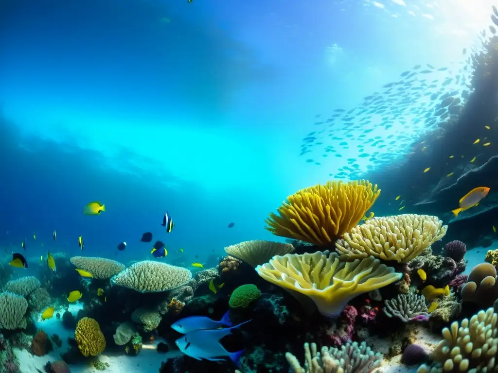 Un arrecife de coral vibrante, lleno de vida marina colorida y plantas marinas, captura la belleza y biodiversidad submarina