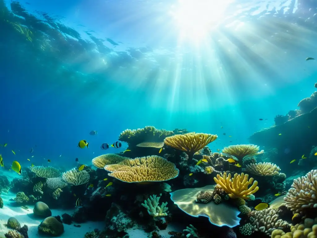 Un arrecife de coral vibrante y lleno de vida bajo el agua, iluminado por la luz del sol, evocando asombro y aprecio por la vida marina