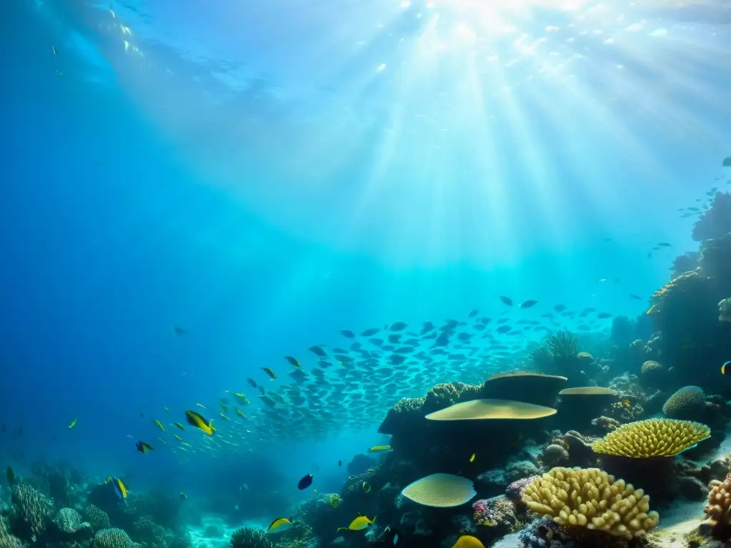 Un arrecife de coral vibrante lleno de vida marina, con peces coloridos y una escuela brillante