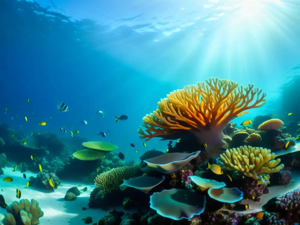 Un arrecife de coral vibrante y lleno de vida, con peces, crustáceos y otras criaturas marinas