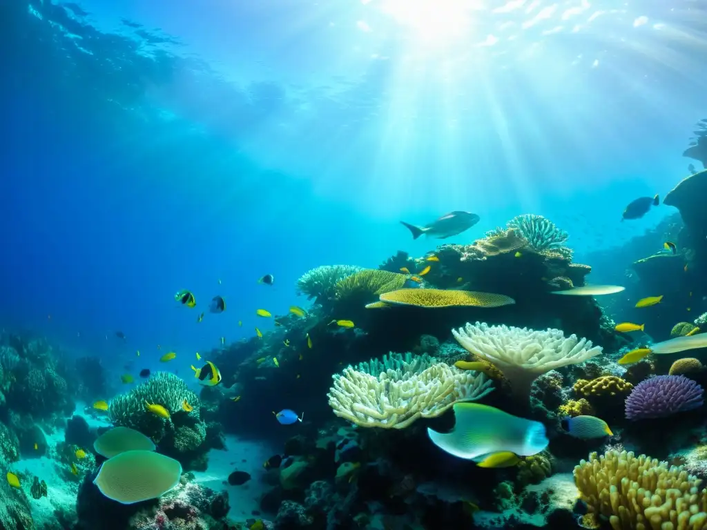 Un arrecife de coral vibrante lleno de vida marina y peces coloridos, iluminado por rayos de sol, creando un baile de luz y sombras