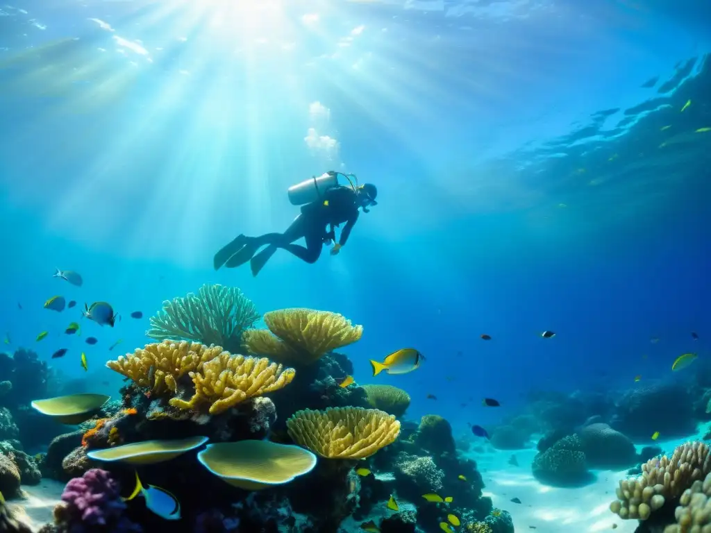 Un arrecife de coral vibrante y lleno de vida, con peces coloridos y plantas marinas, en un entorno marino