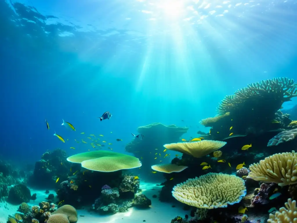 Un arrecife de coral vibrante lleno de vida marina, iluminado por rayos de sol