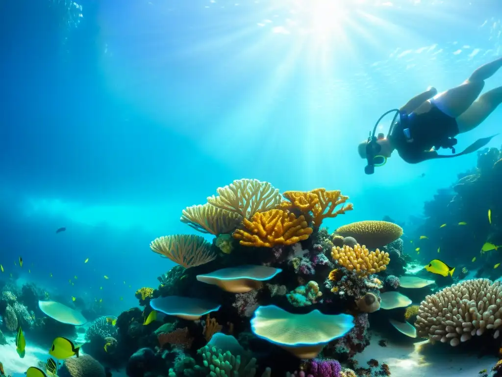 Fotografía submarina vida marina: Un arrecife de coral vibrante, lleno de vida acuática colorida bajo el agua turquesa, con juegos de luz y sombra