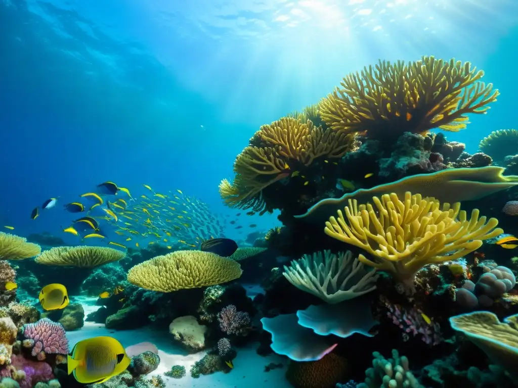 Un arrecife de coral vibrante y lleno de vida marina, muestra la belleza natural y diversidad del ecosistema submarino