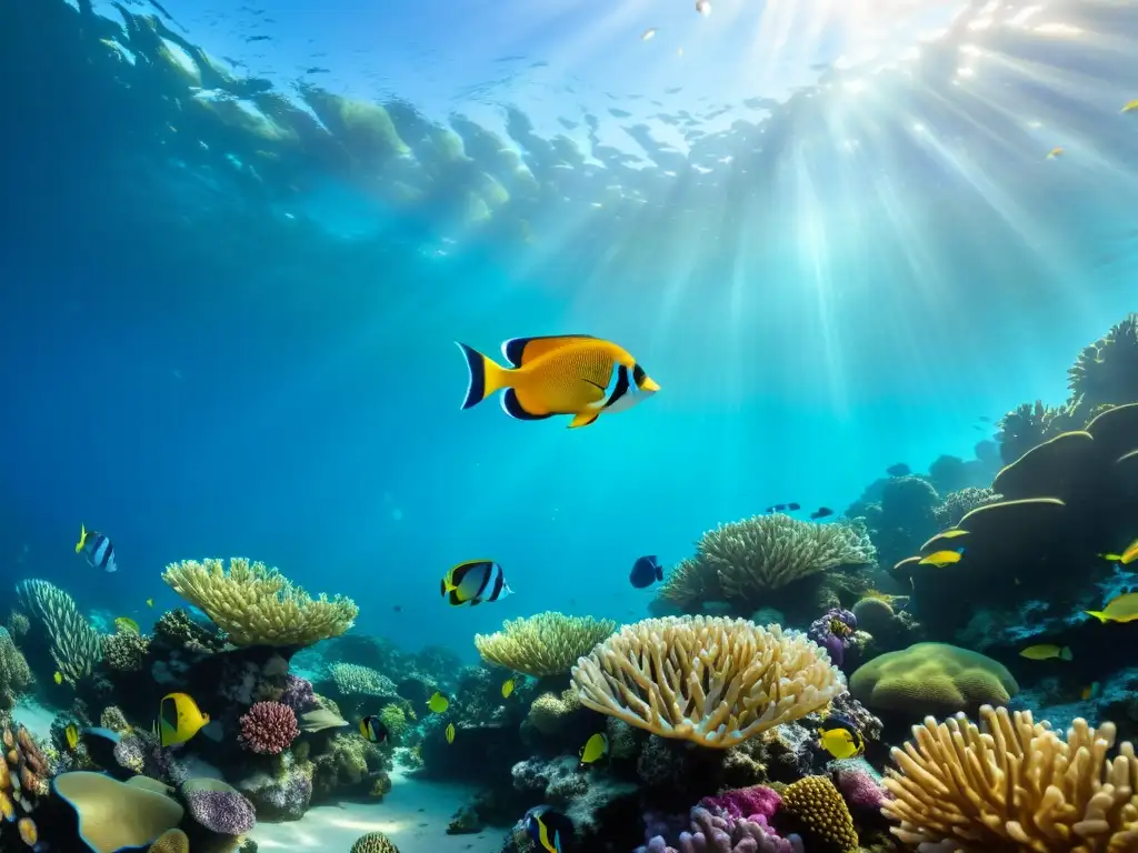 Un arrecife de coral vibrante lleno de vida marina colorida, con peces entre formaciones coralinas