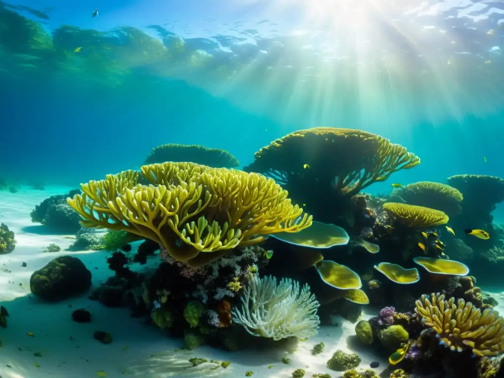 Un arrecife de coral vibrante y lleno de vida en marea baja, capturando la belleza serena del mundo submarino