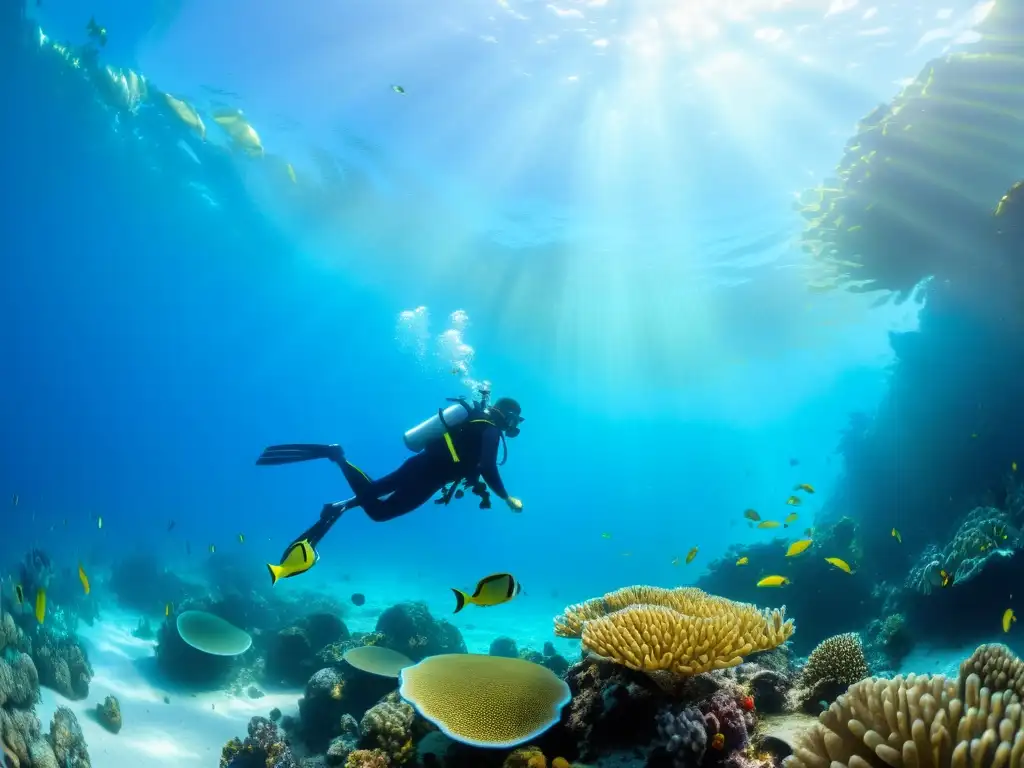 Un arrecife de coral vibrante, lleno de peces y vida marina, con patrones de luz solar filtrándose en el agua azul