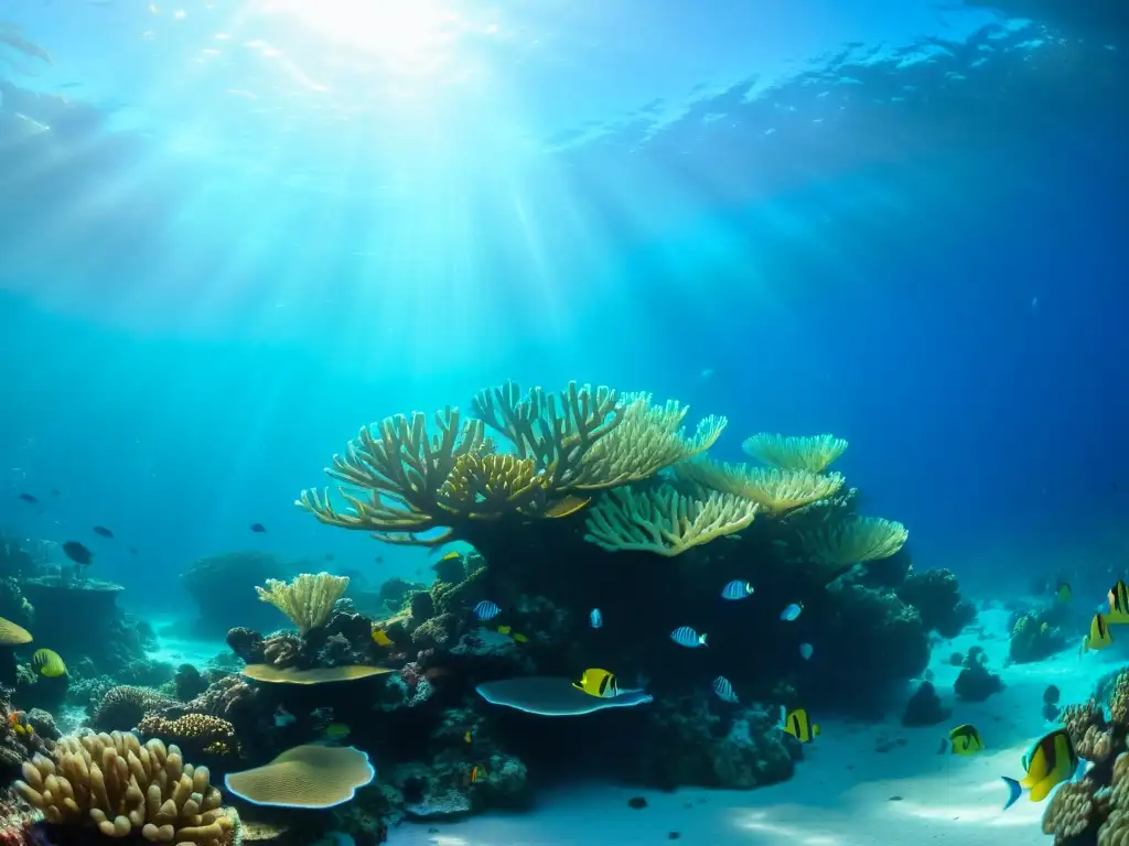 Un arrecife de coral vibrante, lleno de vida marina, bañado por aguas cristalinas