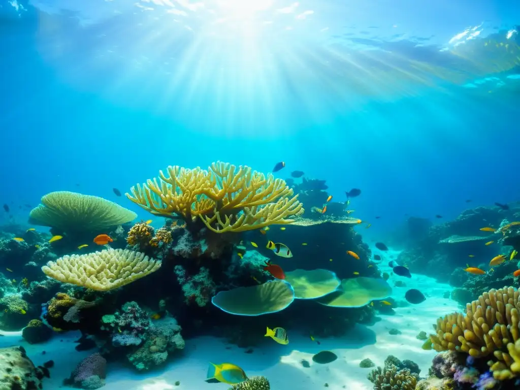 Un arrecife de coral vibrante lleno de vida marina, con peces coloridos, cangrejos y langostas