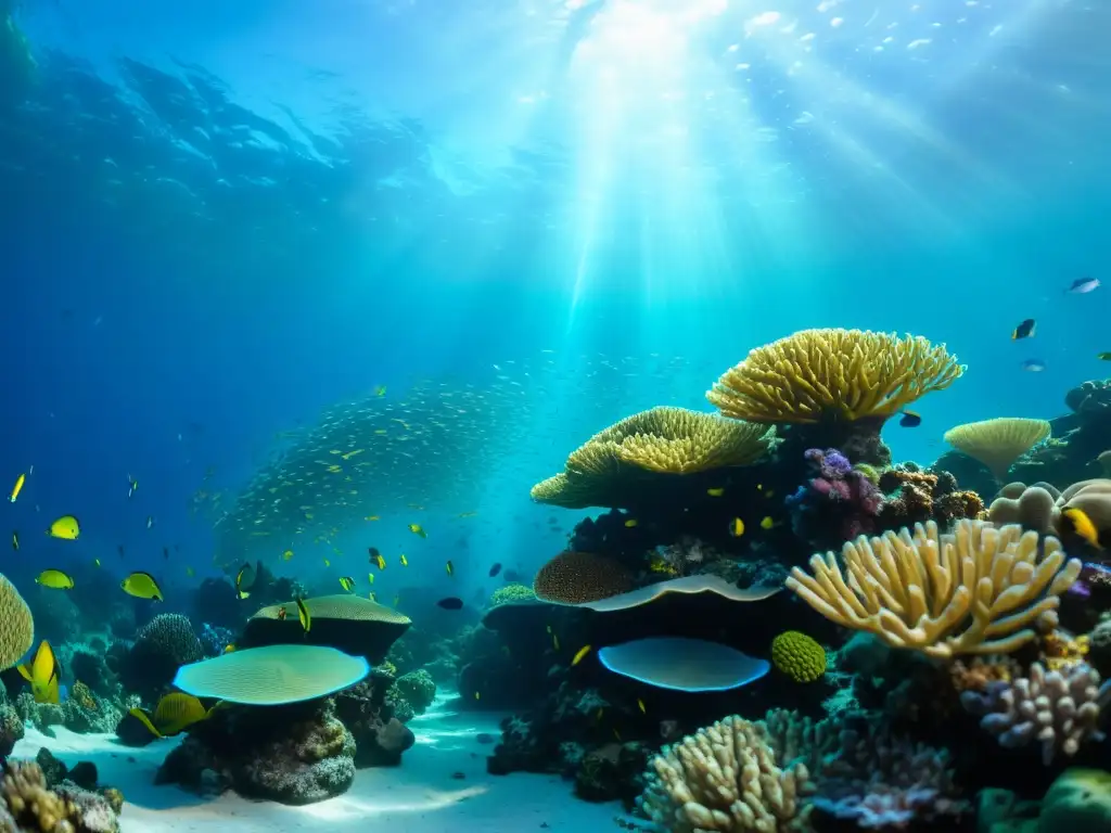 Un arrecife de coral vibrante y lleno de vida marina oceánica, con peces coloridos y luz solar filtrándose a través del agua cristalina