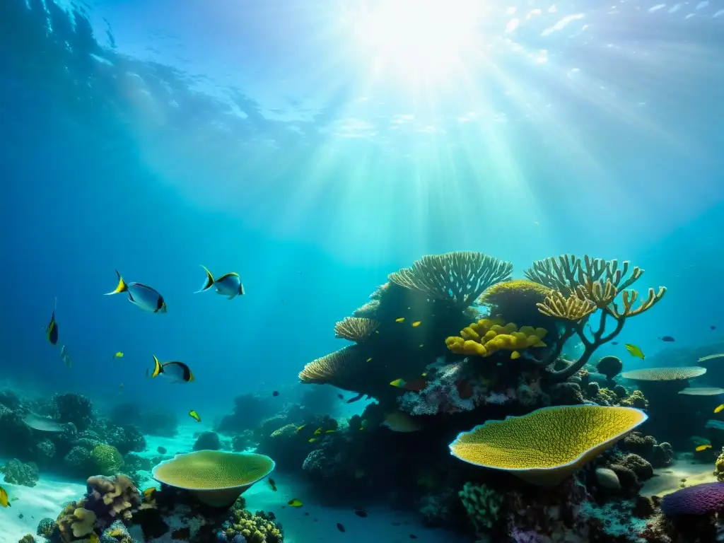 Un arrecife de coral vibrante y lleno de vida bajo el agua, muestra la influencia de la cocina internacional en mariscos