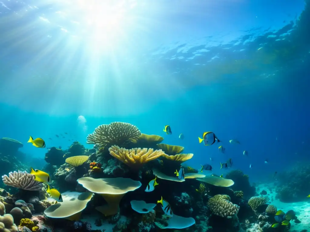 Un arrecife de coral vibrante, lleno de vida marina colorida y plantas marinas, iluminado por el sol