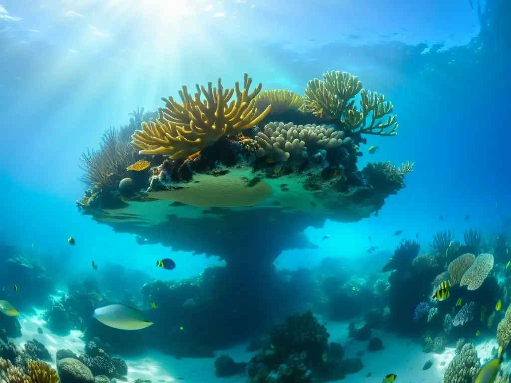 Un arrecife de coral vibrante, lleno de vida marina colorida y especies de coral, en aguas cristalinas