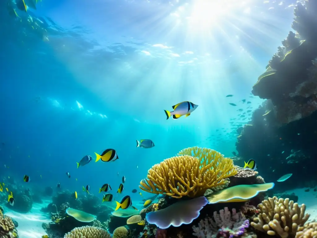 Un arrecife de coral vibrante y lleno de vida, con peces coloridos y una belleza natural que evoca asombro y aprecio por los ecosistemas marinos