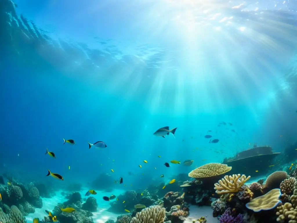 Un arrecife de coral vibrante, lleno de peces y vida marina