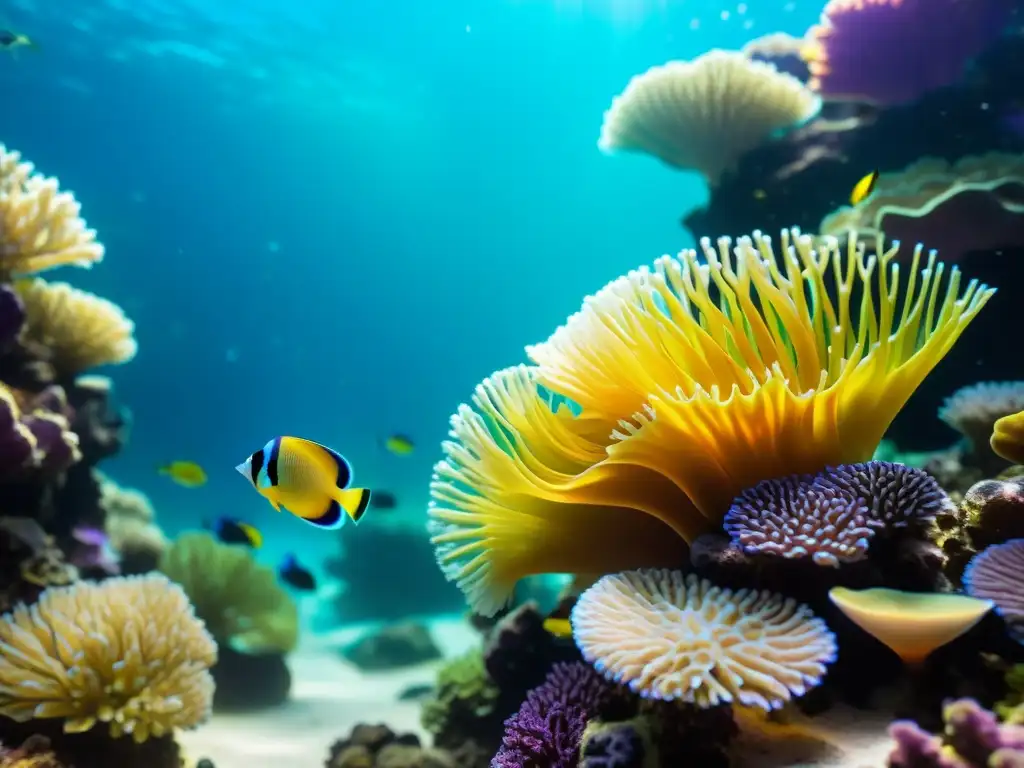 Un arrecife de coral vibrante y otro mundo en un acuario, con peces coloridos nadando pacíficamente entre las formaciones de coral