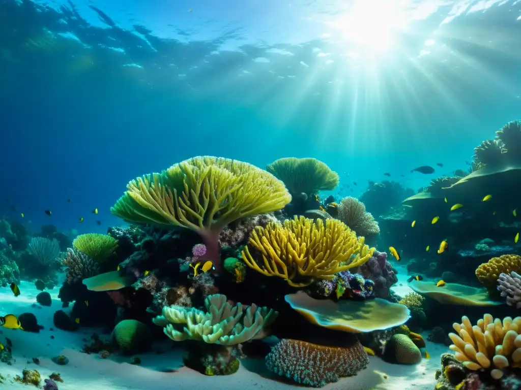 Un arrecife de coral vibrante en un océano cristalino con vida marina diversa, luz solar filtrándose y creando un escenario submarino sereno