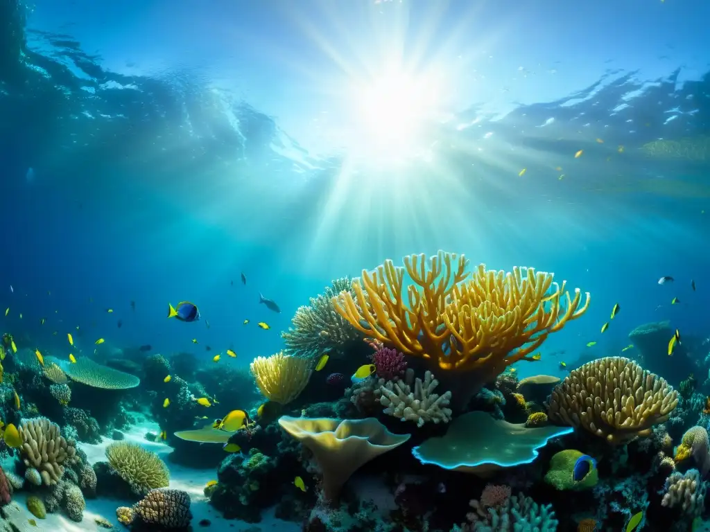 Un arrecife de coral vibrante en un océano cristalino, repleto de vida marina