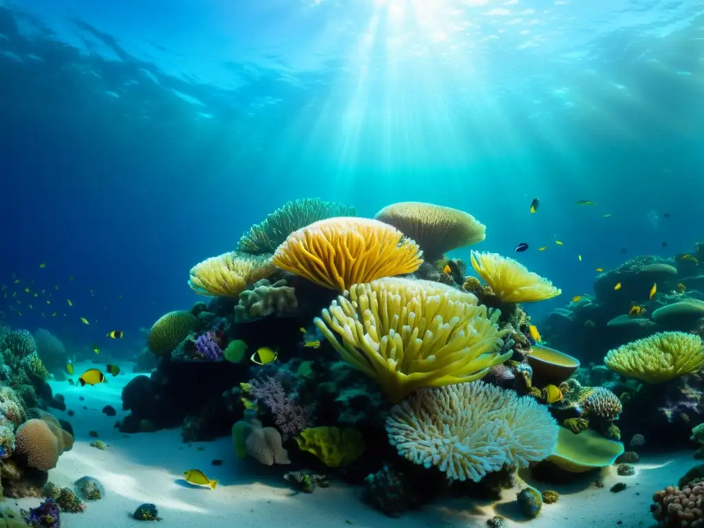 Un arrecife de coral vibrante en un océano cristalino, con vida marina colorida y un purificador de agua UV integrado