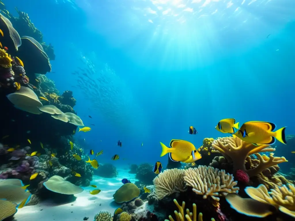 Un arrecife de coral vibrante y peces de colores nadando en aguas cristalinas