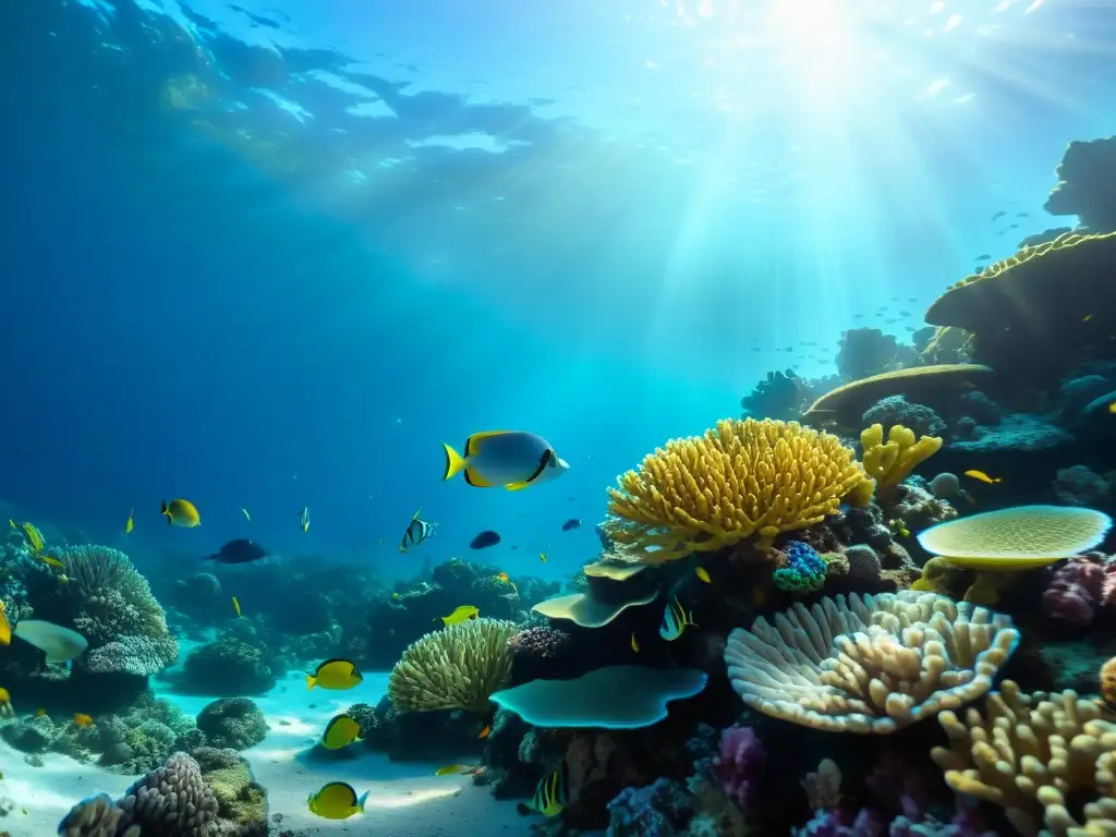 Un arrecife de coral vibrante en 8k, con peces coloridos entre las formaciones