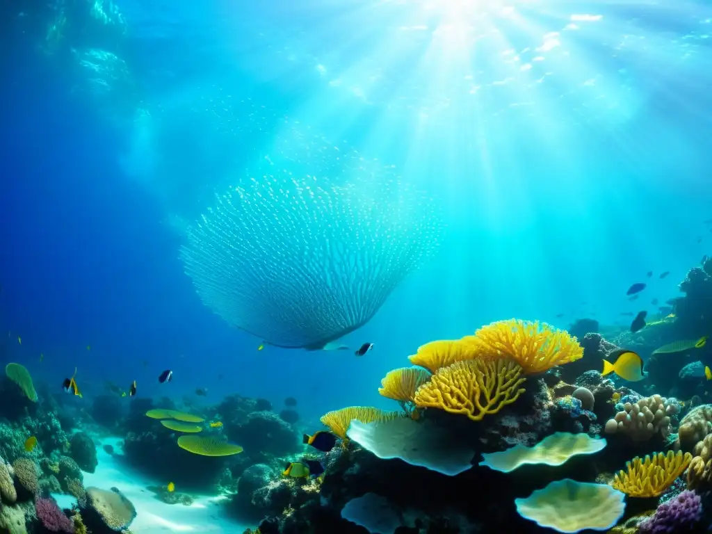 Un arrecife de coral vibrante rebosante de vida marina bajo el agua, con detalles inspirados en el mar