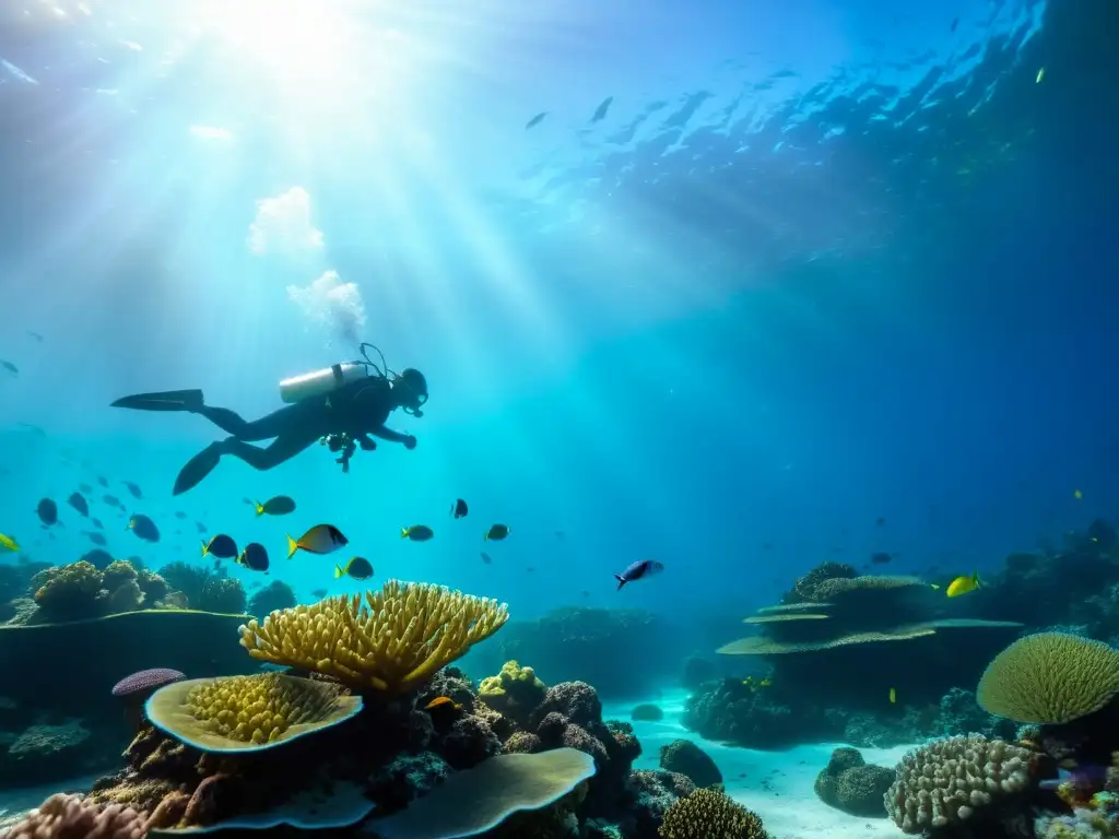 Un arrecife de coral vibrante rebosante de vida marina, con especies invasoras amenazando el equilibrio marino