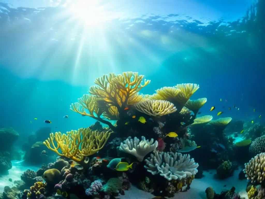 Un arrecife de coral vibrante rebosante de vida marina bajo el agua clara