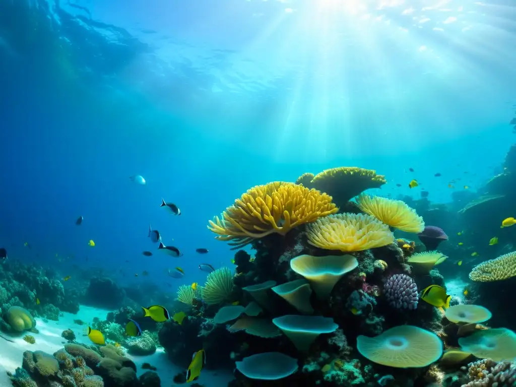 Un arrecife de coral vibrante rebosante de vida marina, resaltando la importancia de la conservación marina y el impacto del plástico en océanos