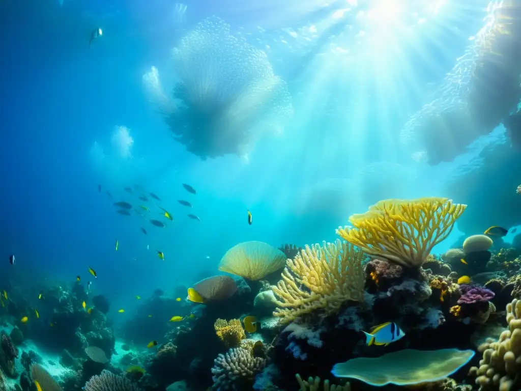 Un arrecife de coral vibrante rebosante de vida marina, con peces de colores nadando entre abanicos de mar y delicadas anémonas