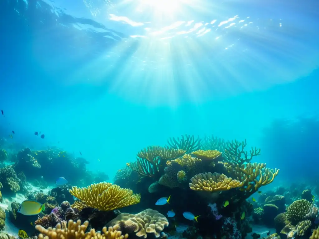 Un arrecife de coral vibrante rebosante de peces coloridos, rodeado de aguas turquesas cristalinas