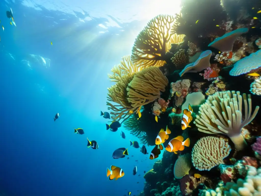 Un arrecife de coral vibrante rebosante de vida marina, con peces coloridos nadando entre formaciones coralinas