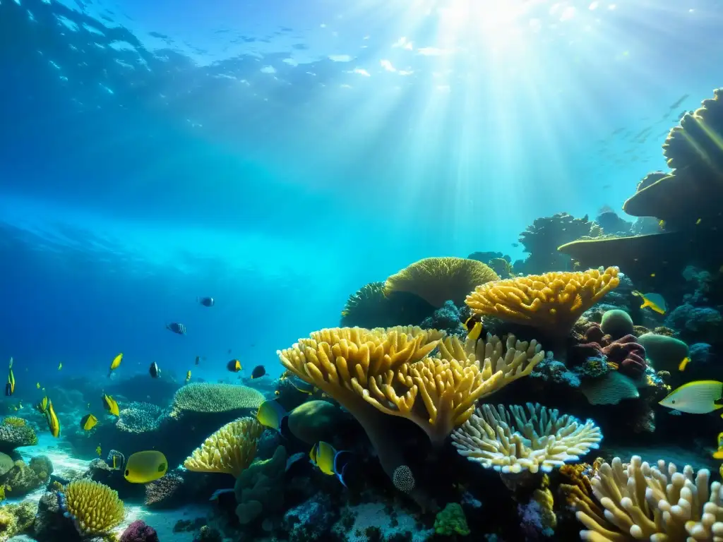 Un arrecife de coral vibrante rebosante de vida marina, con peces de colores nadando entre las formaciones de coral