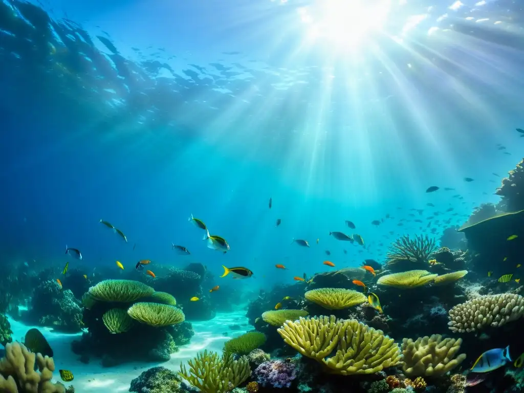 Un arrecife de coral vibrante rebosante de vida marina, con peces de colores entre plantas marinas