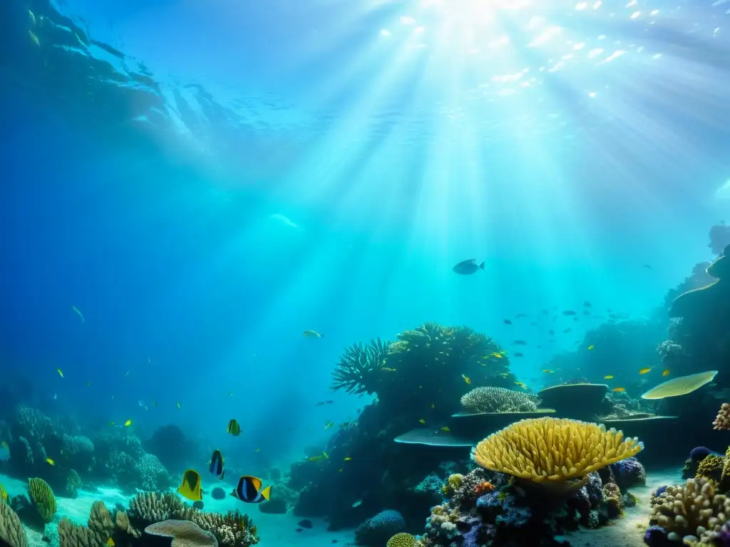 Un arrecife de coral vibrante y repleto de vida marina, iluminado por rayos de sol