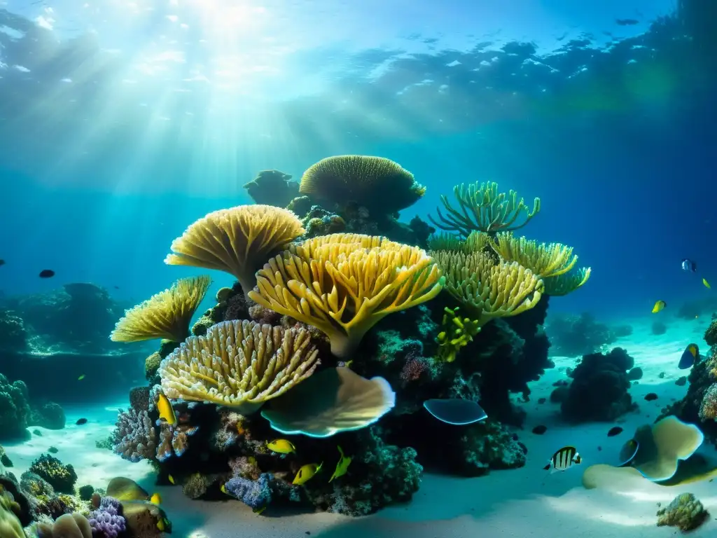 Un arrecife de coral vibrante repleto de vida marina, con peces coloridos y plantas marinas, bañado por la luz del sol