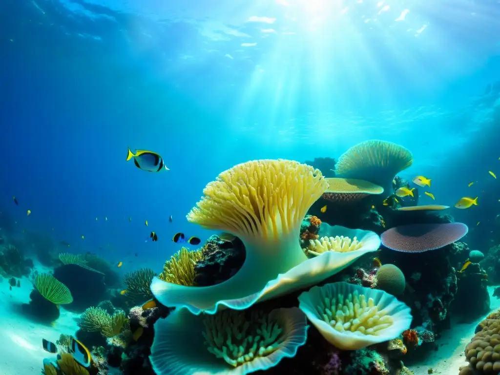 Un arrecife de coral vibrante repleto de vida marina colorida, iluminado por los rayos de sol