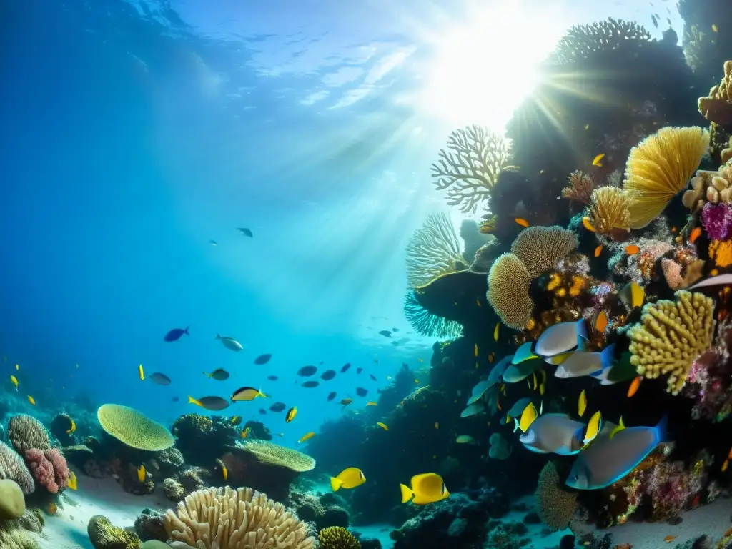 Un arrecife de coral vibrante, repleto de vida marina colorida, como peces tropicales, anémonas y abanicos de mar