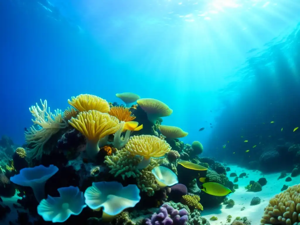 Un arrecife de coral vibrante, repleto de vida marina, con anémonas, peces y crustáceos