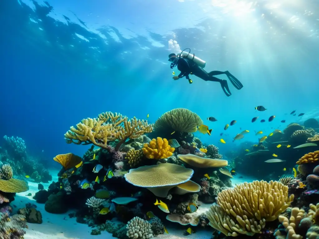 Un arrecife de coral vibrante repleto de vida marina y peces coloridos, destacando la importancia de conservas de calidad sostenible