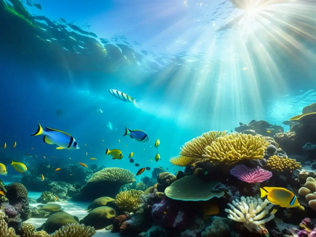 Un arrecife de coral vibrante, repleto de peces coloridos y vida marina, bañado por la luz del sol