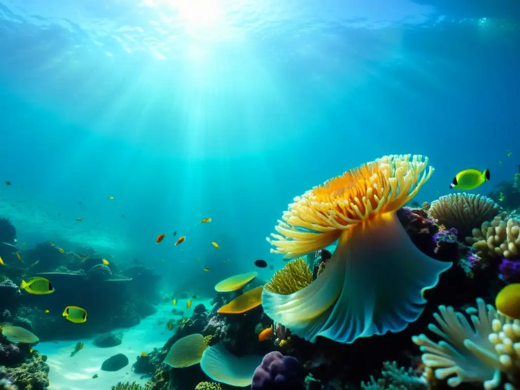 Un arrecife de coral vibrante y repleto de vida marina en aguas cristalinas, capturando la belleza y diversidad del océano