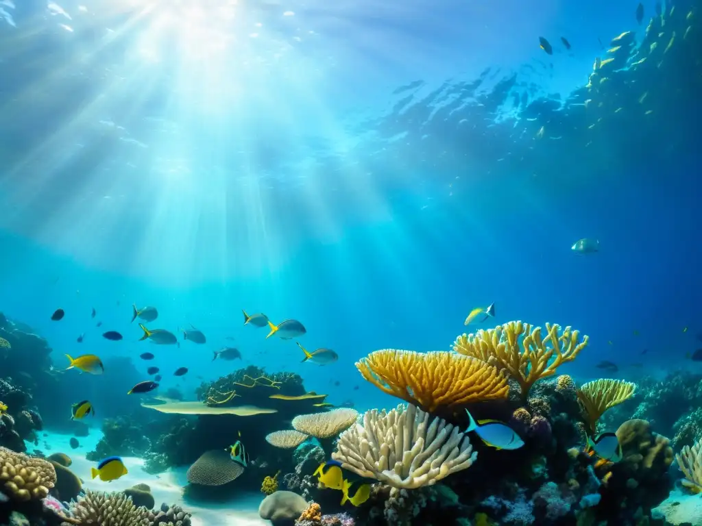 Un arrecife de coral vibrante, repleto de vida marina colorida y plantas marinas, bajo el agua azul clara