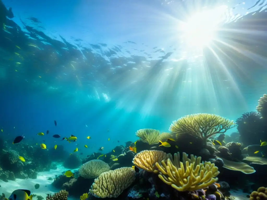 Un arrecife de coral vibrante, repleto de vida marina y algas coloridas, iluminado por el sol