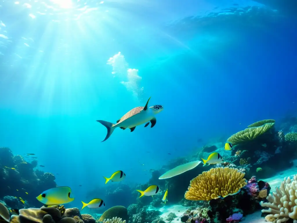 Un arrecife de coral vibrante, repleto de vida marina colorida bajo el agua