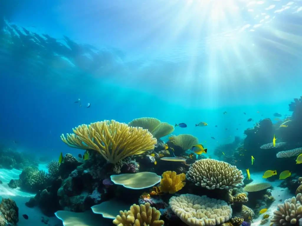 Un arrecife de coral vibrante y repleto de vida marina, iluminado por la luz del sol bajo el agua turquesa