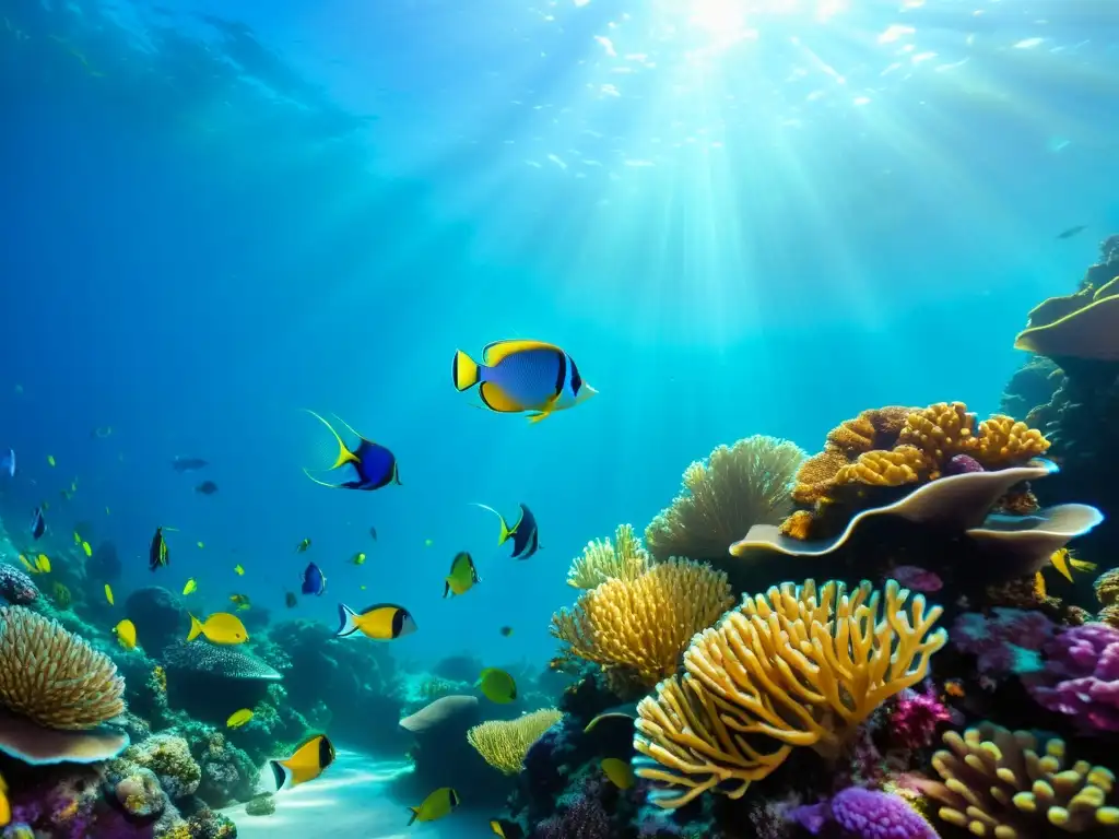 Un arrecife de coral vibrante repleto de peces tropicales coloridos, bañado por luz solar en aguas cristalinas