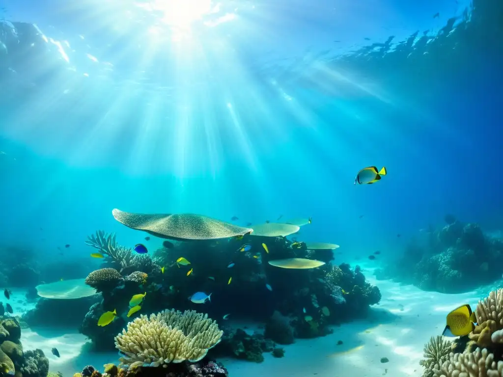 Un arrecife de coral vibrante, repleto de vida marina colorida y diversa, con la desaparición de especies marinas alarmante